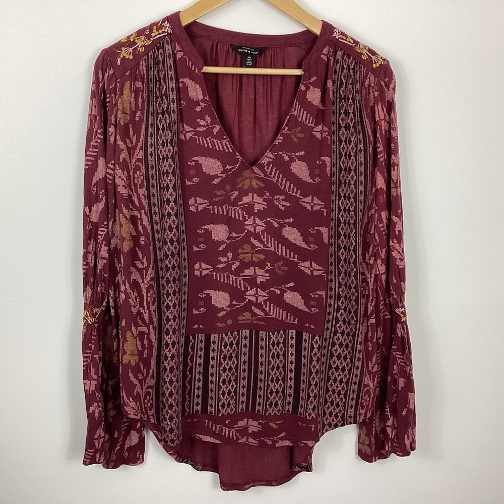 Lucky Brand Mix Print V-Neck Bell Sleeve Peasant Top Size Small